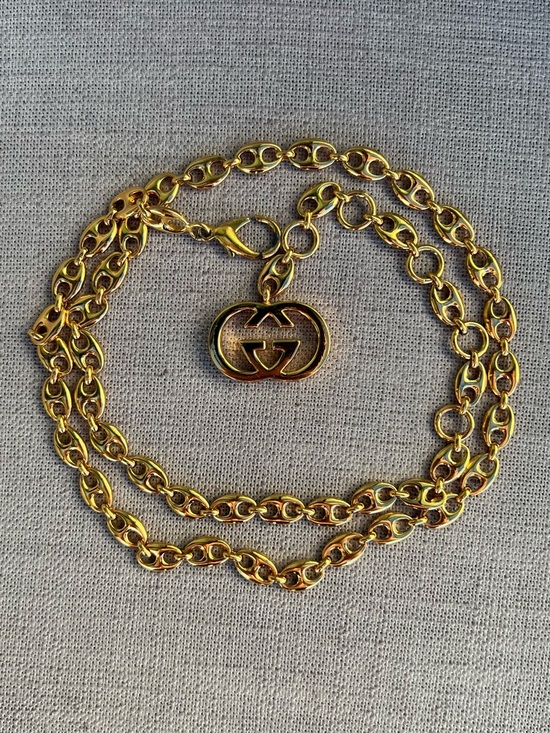 Vintage Rare 1970’s Gucci GG Logo Pendant Mariner Link Chain Belt Gold Plated main image 4